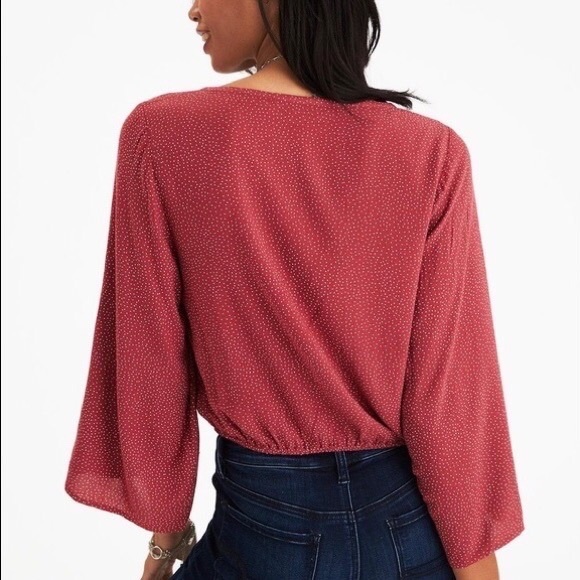 American Eagle Polka Dot Bell Sleeve Crop Top with Tie Front | XS - Picture 2 of 8